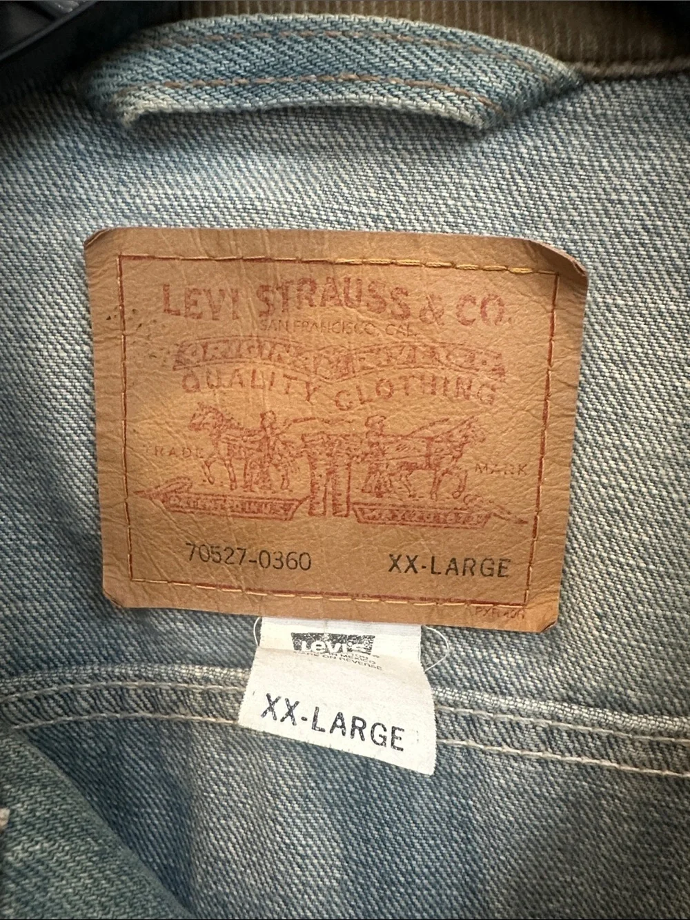 Levi's Faded Blue Denim Jacket with Brown Cord Collar - Picture 2 of 3